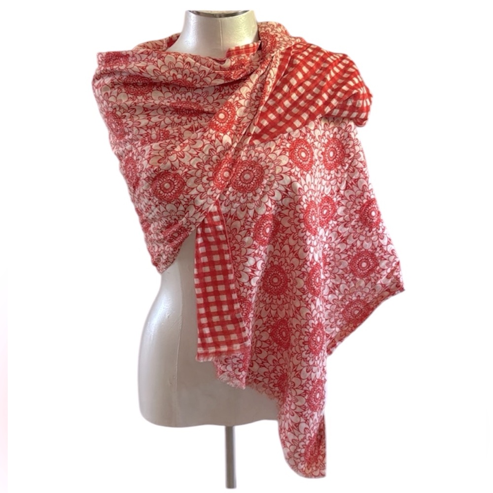 Echo Women’s Scarf New with tag Reversible Cotton Scarf floral/plaid red white